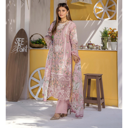 Floral Embroidered Viscose Linen 3 Pc Pakistani Dress | Ready to wear | Traditional Thread