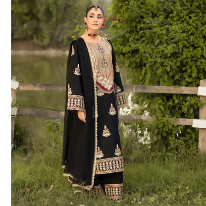 UHE-53 (black) 3 Pc Luxury Embroidered Cambric Cotton ready to wear Dress | Summer Wear | Heera's