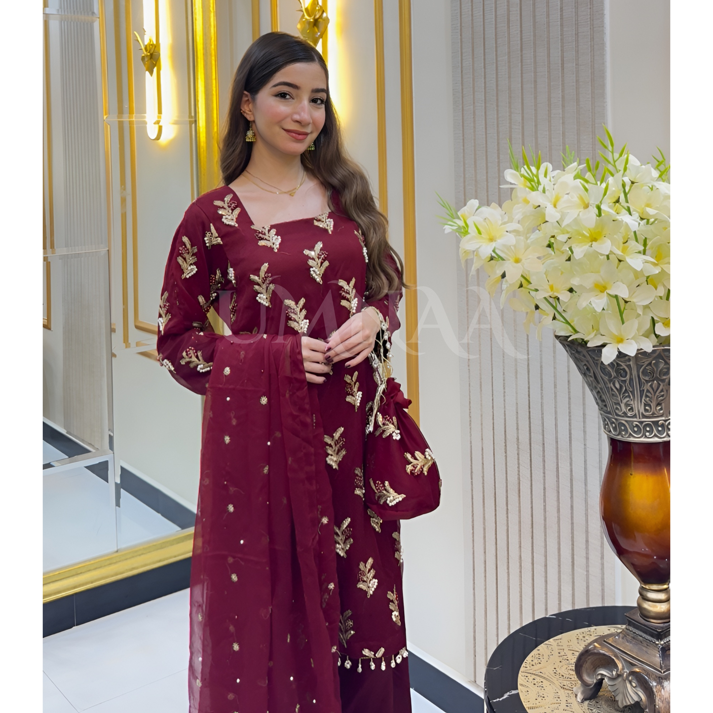 Embroidered Chiffon Luxury Trendy Farshi Shalwar with Potli Festive Collection- Umnaa