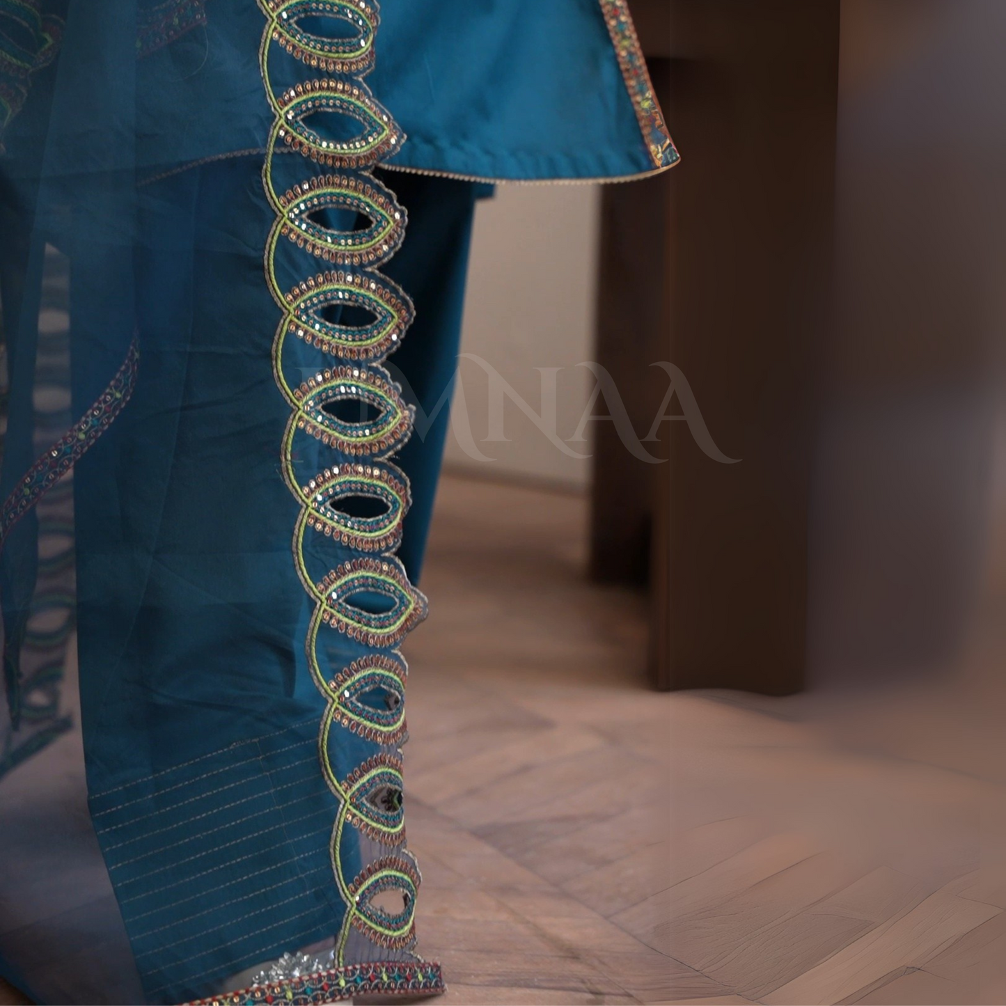 (Teal Blue) Luxury Cambric Cotton Farshi Shalwar Ready to Wear Pakistani Dress | Umnaa