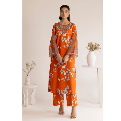 (Orange) 3 Piece "Dastaan" Embroidered Lawn Dress - Esra Fashion
