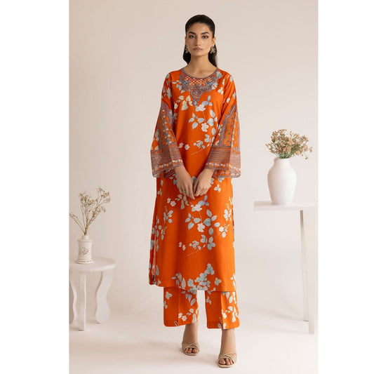 (Orange) 3 Piece "Dastaan" Embroidered Lawn Dress - Esra Fashion