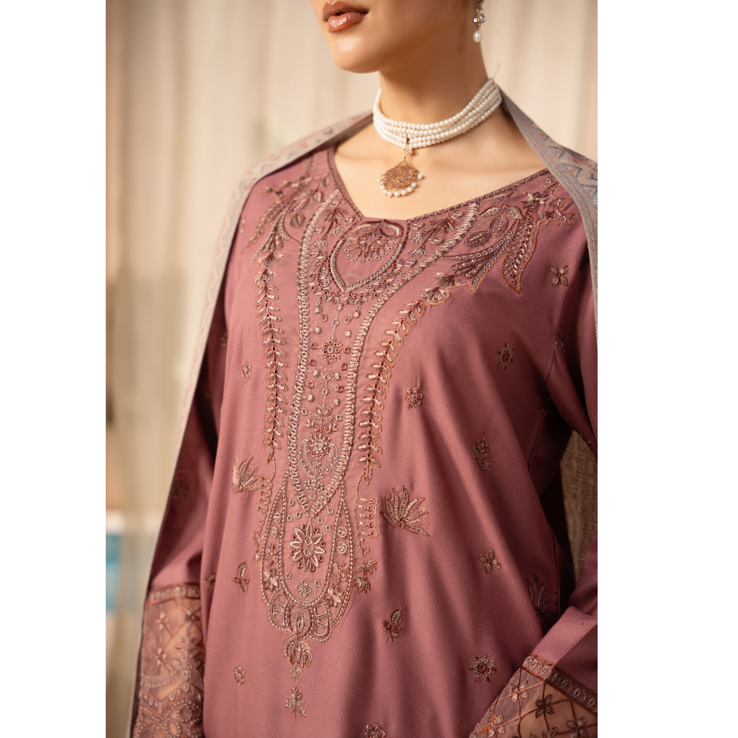 UA-140 Embroidered Dhanak Dress with Pashmina Shawl | Ready to Wear | Asian Clothes