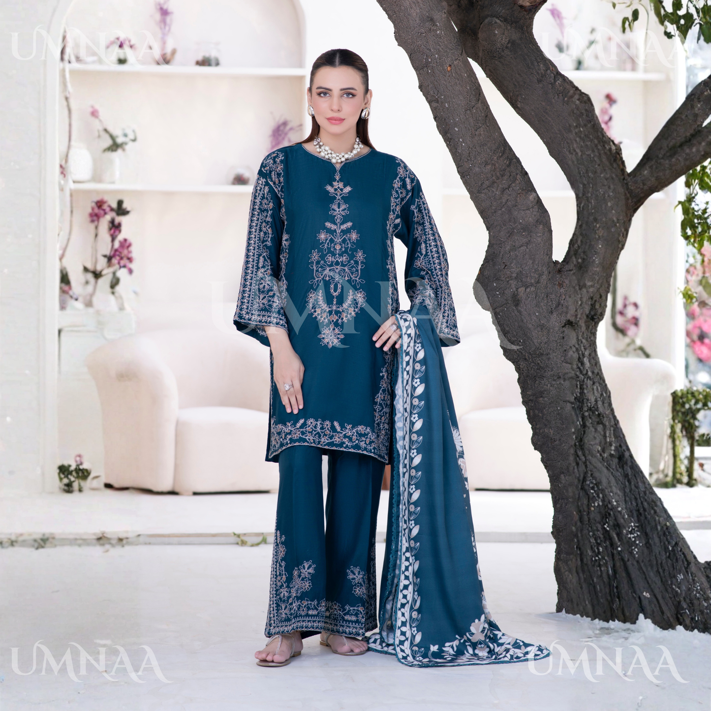 UA-146 Embroidered Linen dress with Pashmina Shawl | Umnaa