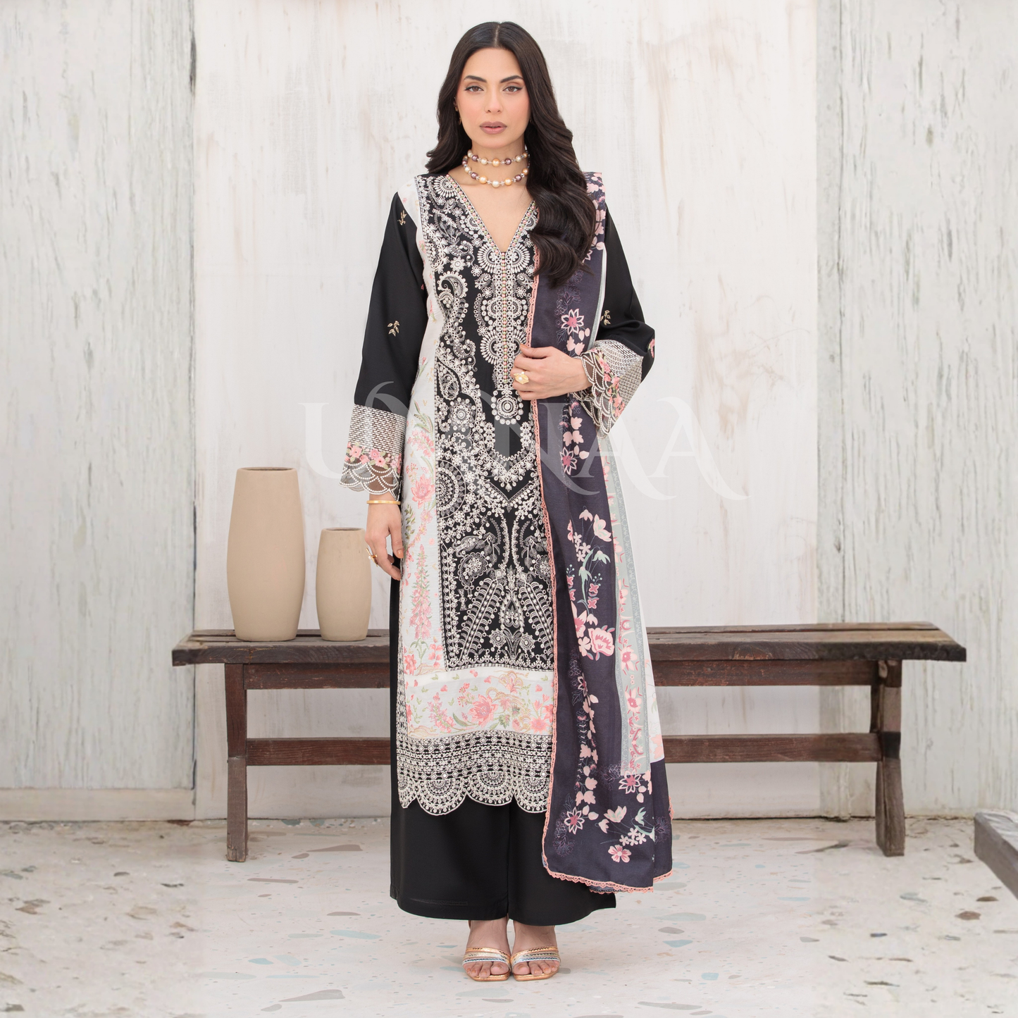UA-147 Embroidered Viscose Dress with Silk Dupatta | Umnaa