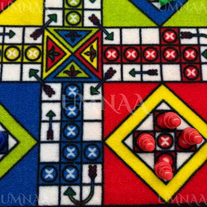 Ludo Carpet Mat – Soft Foldable Ludo Game Rug with 2 Dice & Full Token Set | Large Floor Ludo Board