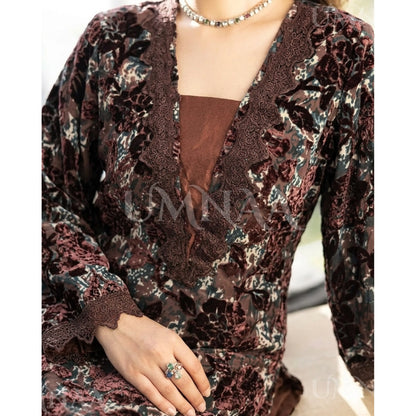 UA-175 Festive Palachi Velvet Dress with Chiffon Dupatta 3 Pc Collection by Umnaa