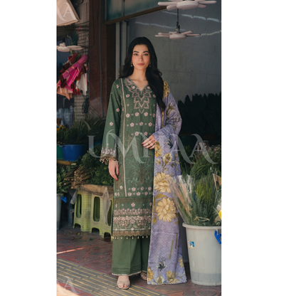 UB-01 3 Pc Embroidered Linen Dress With Cotton Silk Printed Dupatta  By UB