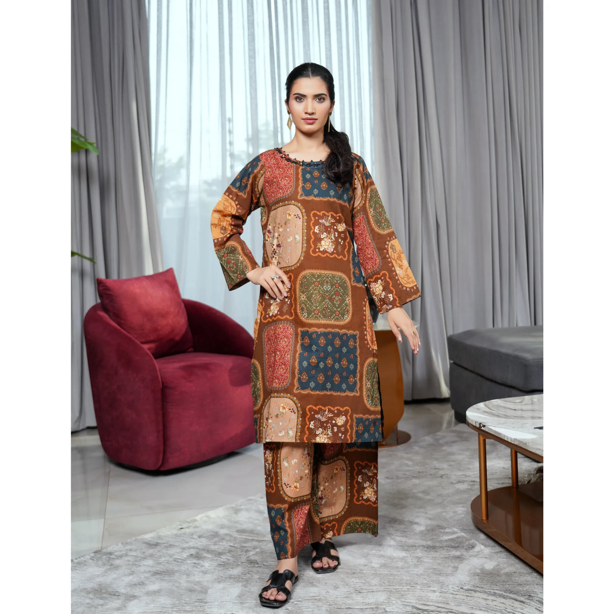 UMS-62 "Limelight" by Simrans Printed Lawn Co Ord Set Collection | Ready to Wear Pakistani Asian clothes - Brown