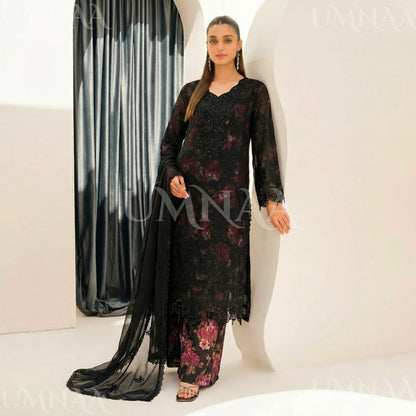 UA-184 Embroidered Chiffon 3-Piece with Printed Lining & Trouser