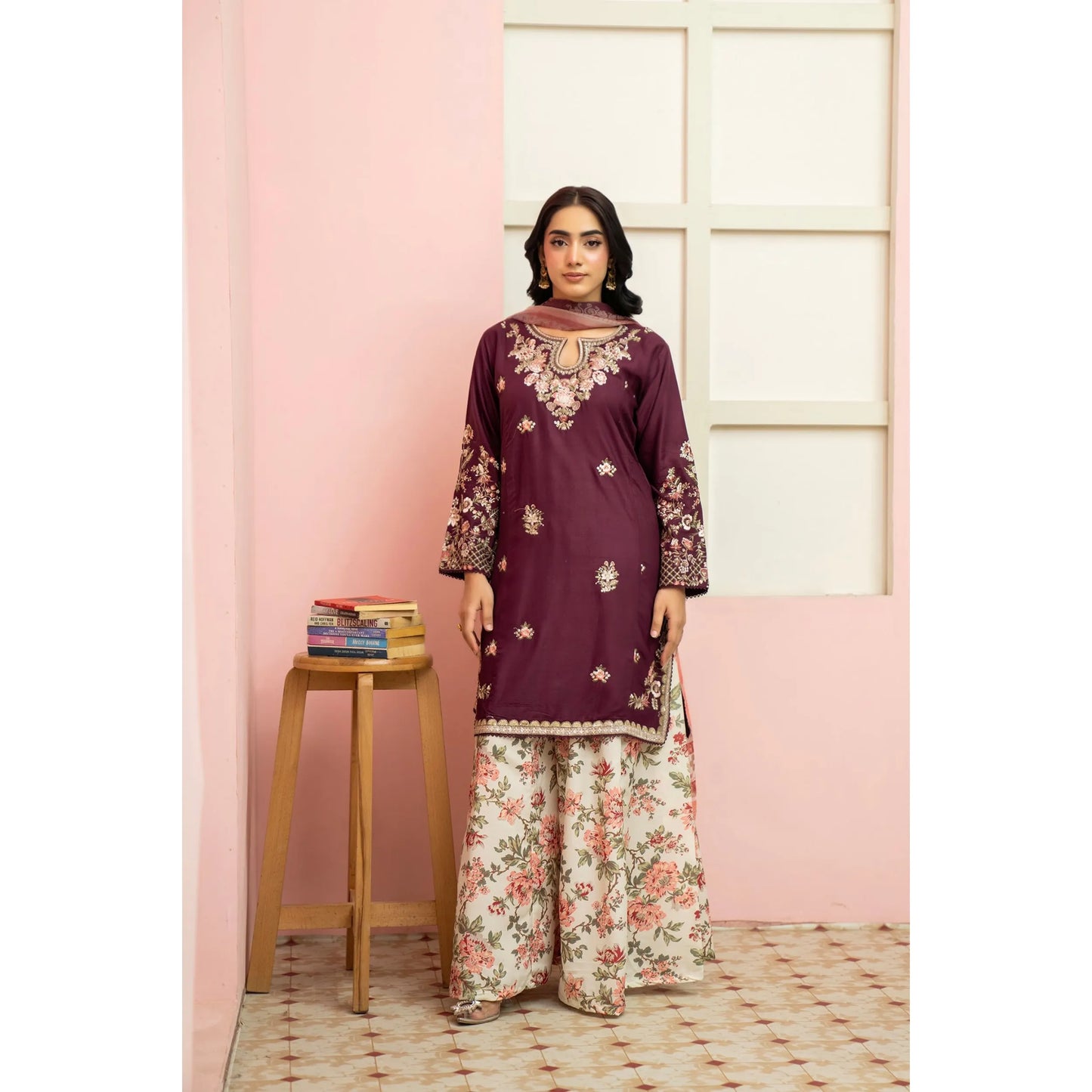 UMRZ-60 Maharani Festive Embroidered Linen with printed Sharara collection by Rangz | Ready to Wear Pakistani Asian clothes