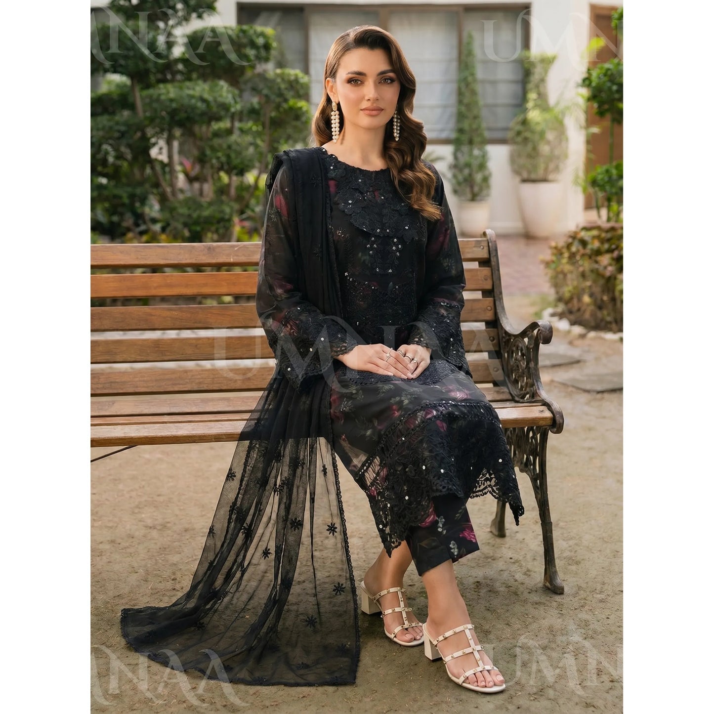 UA-200 Embroidered Chiffon 3-Piece with Printed Lining & Trouser