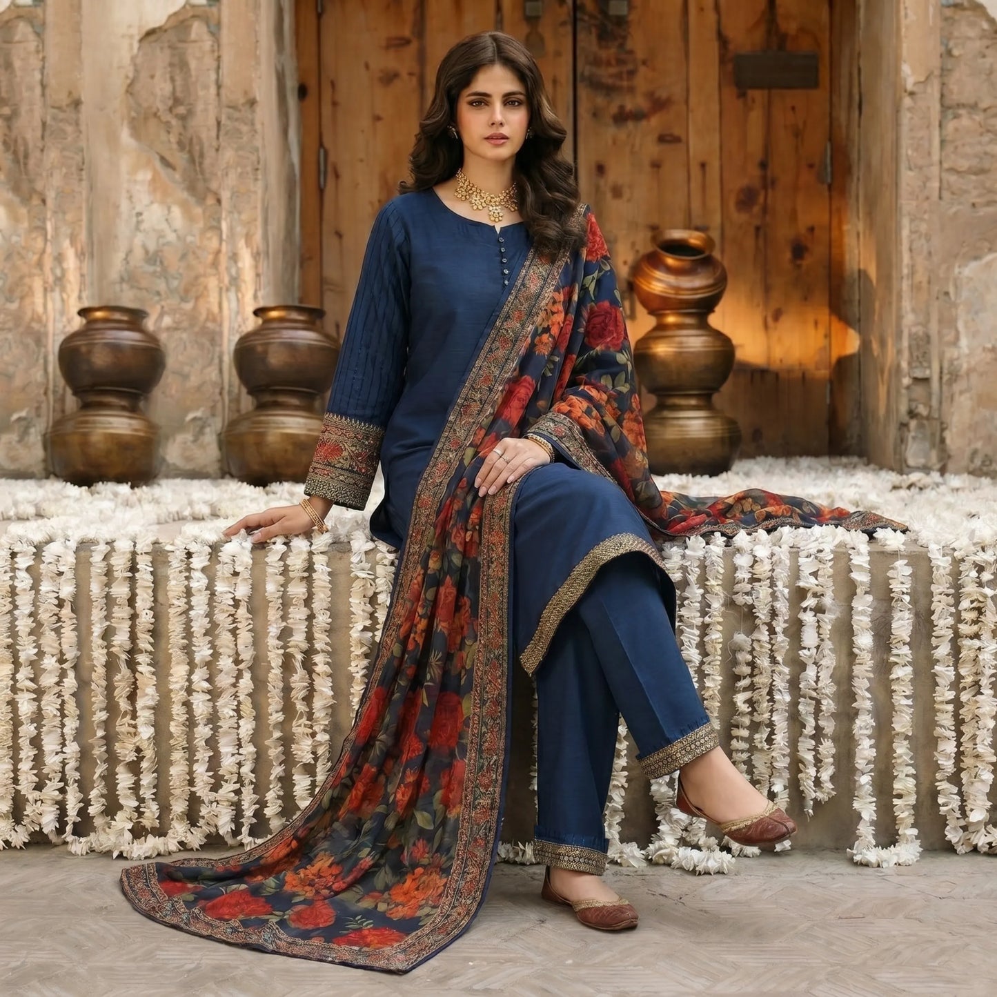 UA-207 Embroidered Viscose Farshi Shalwar with Printed Chiffon Dupatta by Umnaa | Ready to Wear Pakistani Asian clothes