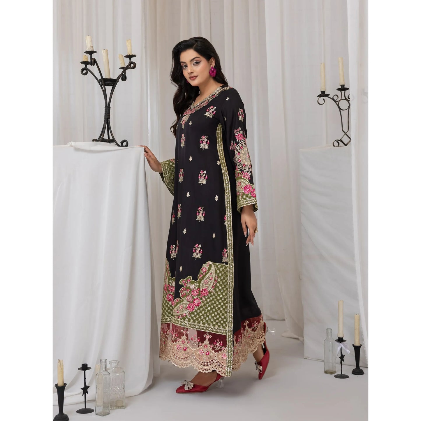 UTT-23 Embroidered Viscose Linen Kaftan Style 2 Piece Co Ord Set Collection by Traditional Thread