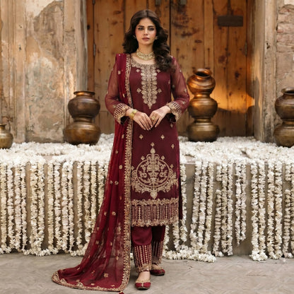 U-73 3 Pc women's Embroidered Chiffon salwar kameez Pakistani Indian fashion Traditional Womenswear Festive collection-UMNAA