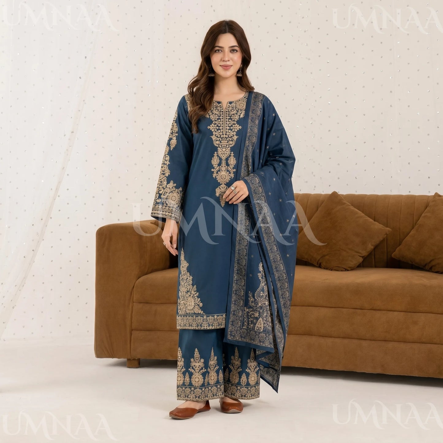 UA-222 Embroidered Cotton Ready to Wear Collection Pakistani Asian Women | 3 Piece Shirt Trouser Duppata by Umnaa