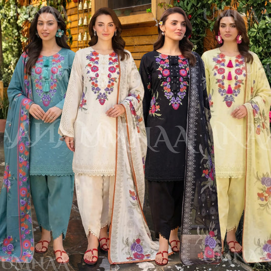 UA-223 Embroidered Cambric Cotton 3 Piece Suit | Tulip Style Shalwar & Printed Dupatta | Soft Summer Collection by Umnaa