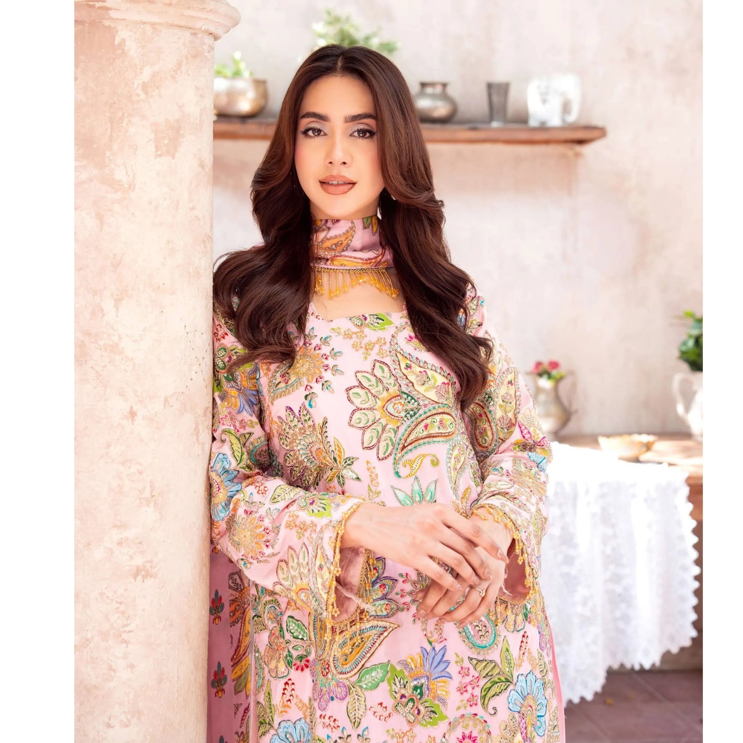 UA-225 Trendy Indian Armani Silk 3 Piece Suit by Umnaa | Embroidered Kameez with Shamoos Silk Shararah & Apple Silk Dupatta | Festive & Party Wear