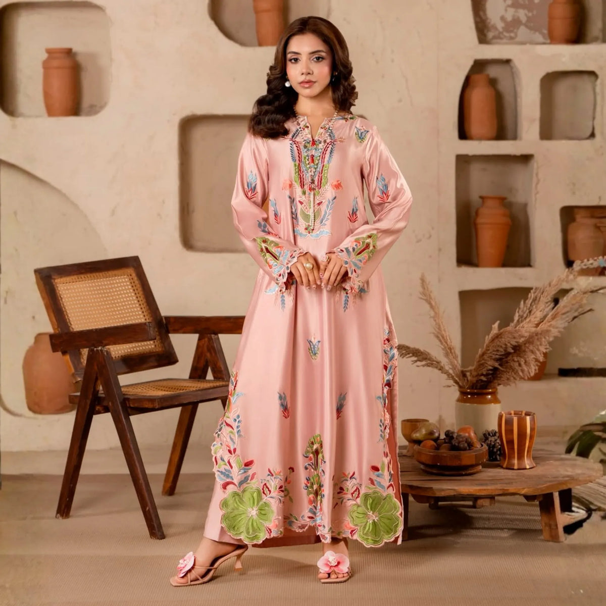 RA-40 Embroidered Silk kaftan 2 Pc - Raniya.h - Light Tea Pink