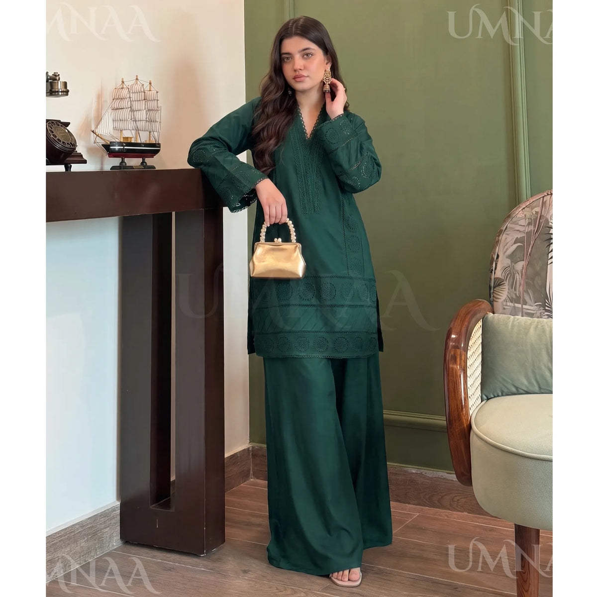 RA-41 Linen Chikankari 2 Piece Sharara | Raniya.h - Bottle Green