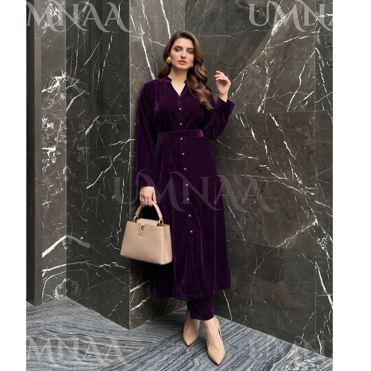 UA-301 Coat Style Velvet Co-Ords 2 Pc | Umnaa