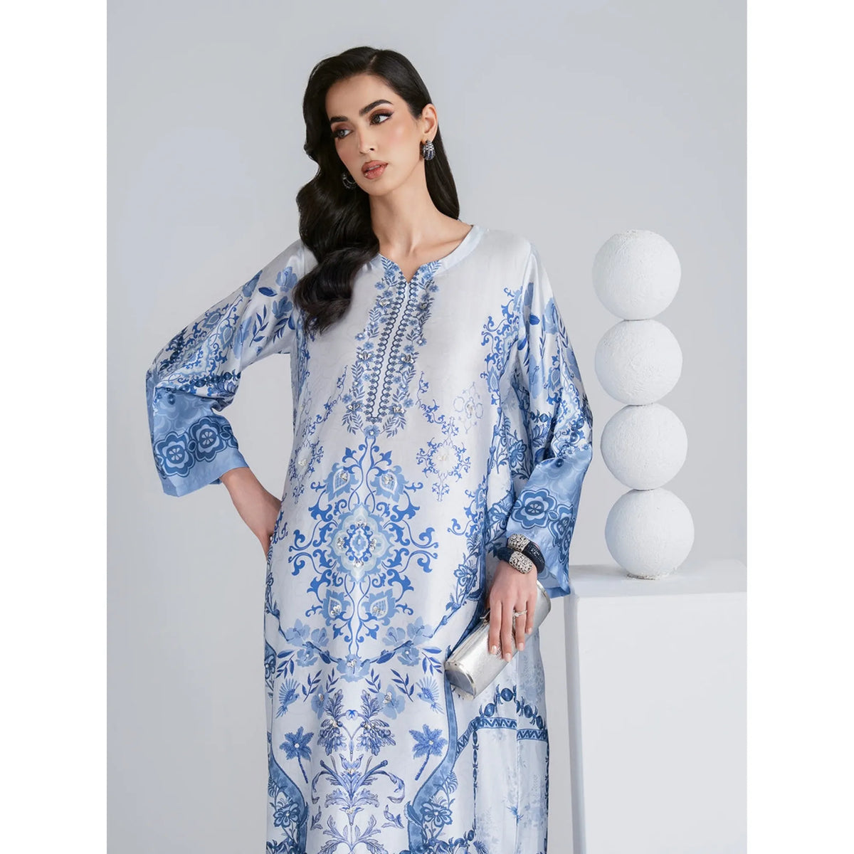 UAL-08 Printed Silk Kaftan with Trouser 2 Pc Set | Ally's
