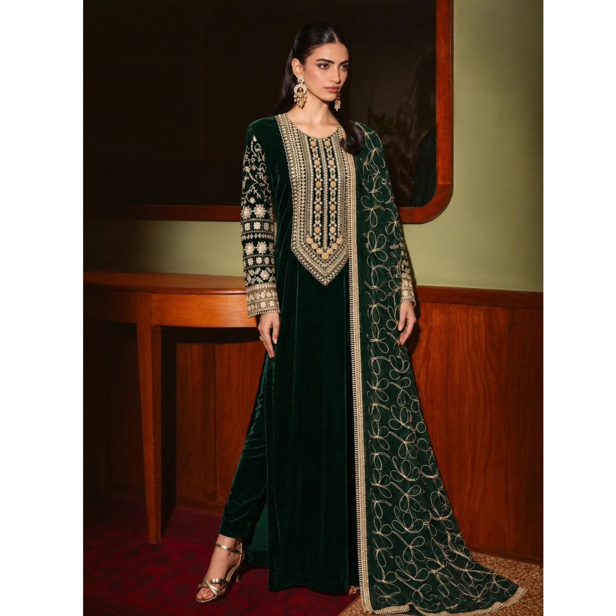 UA-324 Embroidered Velvet Kaftan 3 Pc | Umnaa
