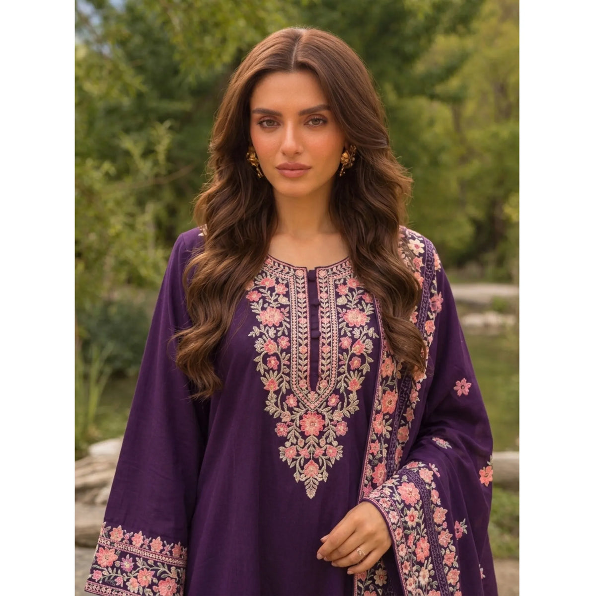 UA-326 Embroidered Dhanak Kaftan Style 3 Pc | Umnaa
