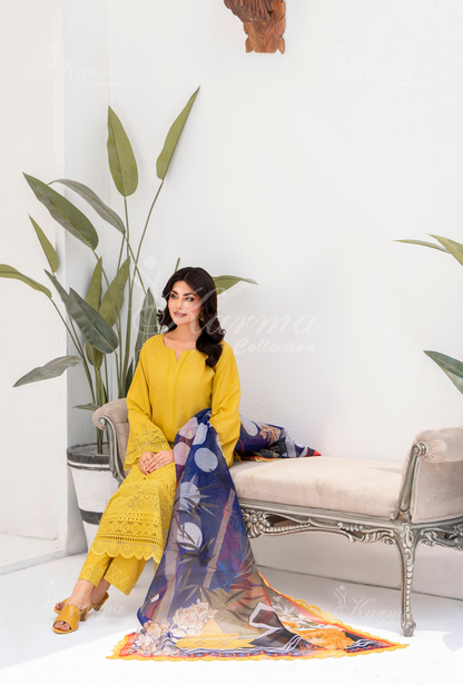 KC- 1385 | Mustard | 3 Pc | Chikenkari Cotton Lawn | Karma Collection