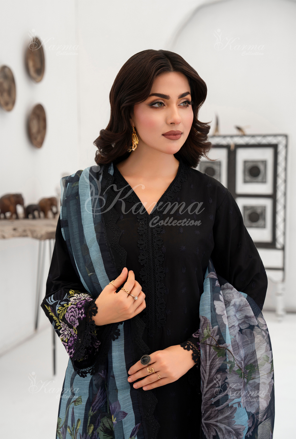KC- 1389 | Black | 3 Pc | Chikenkari Cotton Lawn | Karma Collection l
