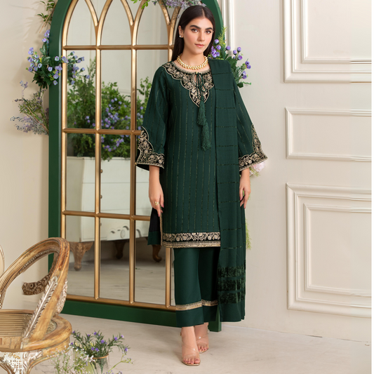 (Green) 3 Pc Embroidered Dhanak Velvet Ready to Wear Dress | Winter Wear | Heera's