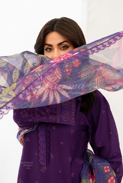 KC- 1391 | Plum | 3 Pc | Chikenkari Cotton Lawn | Karma Collection