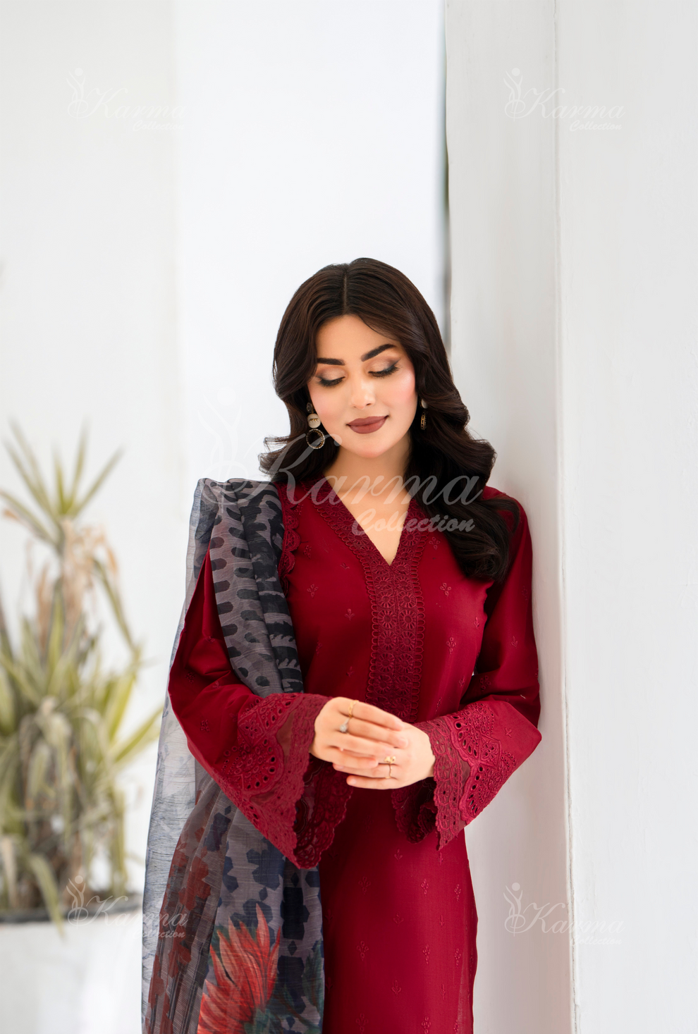 KC- 1393 | Rose Red | 3 Pc | Chikenkari Cotton Lawn | Karma Collection