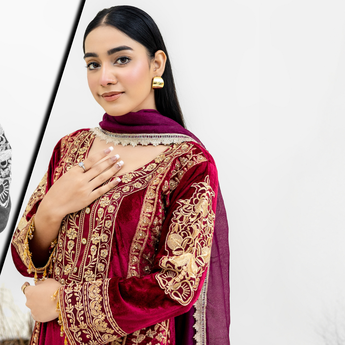 Luxury Embroidered Velvet Dress with Chiffon Dupatta 3 Pc | Winter Collection | Rangz | UMRGZ3900