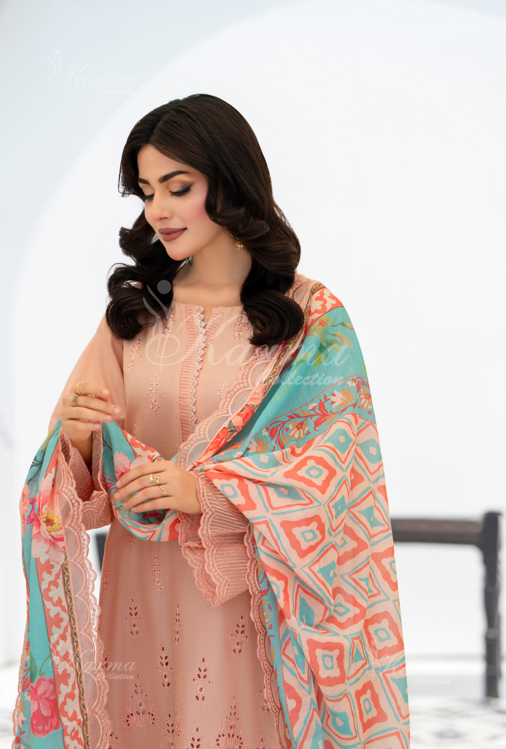 KC- 1390 | Light Salmon | 3 Pc | Chikenkari Cotton Lawn | Karma Collection