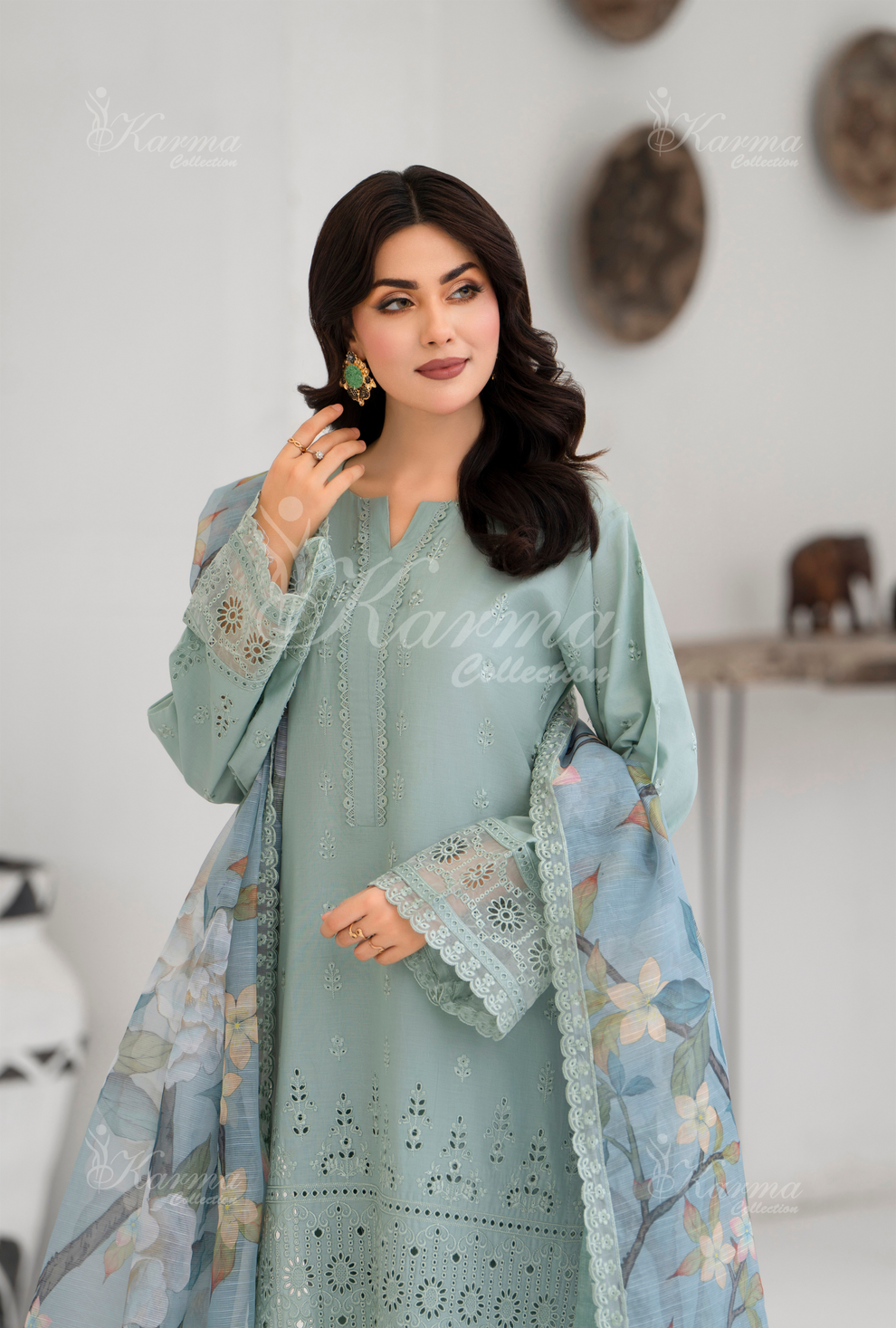 KC- 1394 | Mint Blue | 3 Pc | Chikenkari Cotton Lawn | Karma Collection