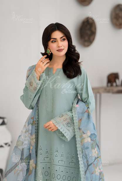 KC- 1394 | Mint Blue | 3 Pc | Chikenkari Cotton Lawn | Karma Collection