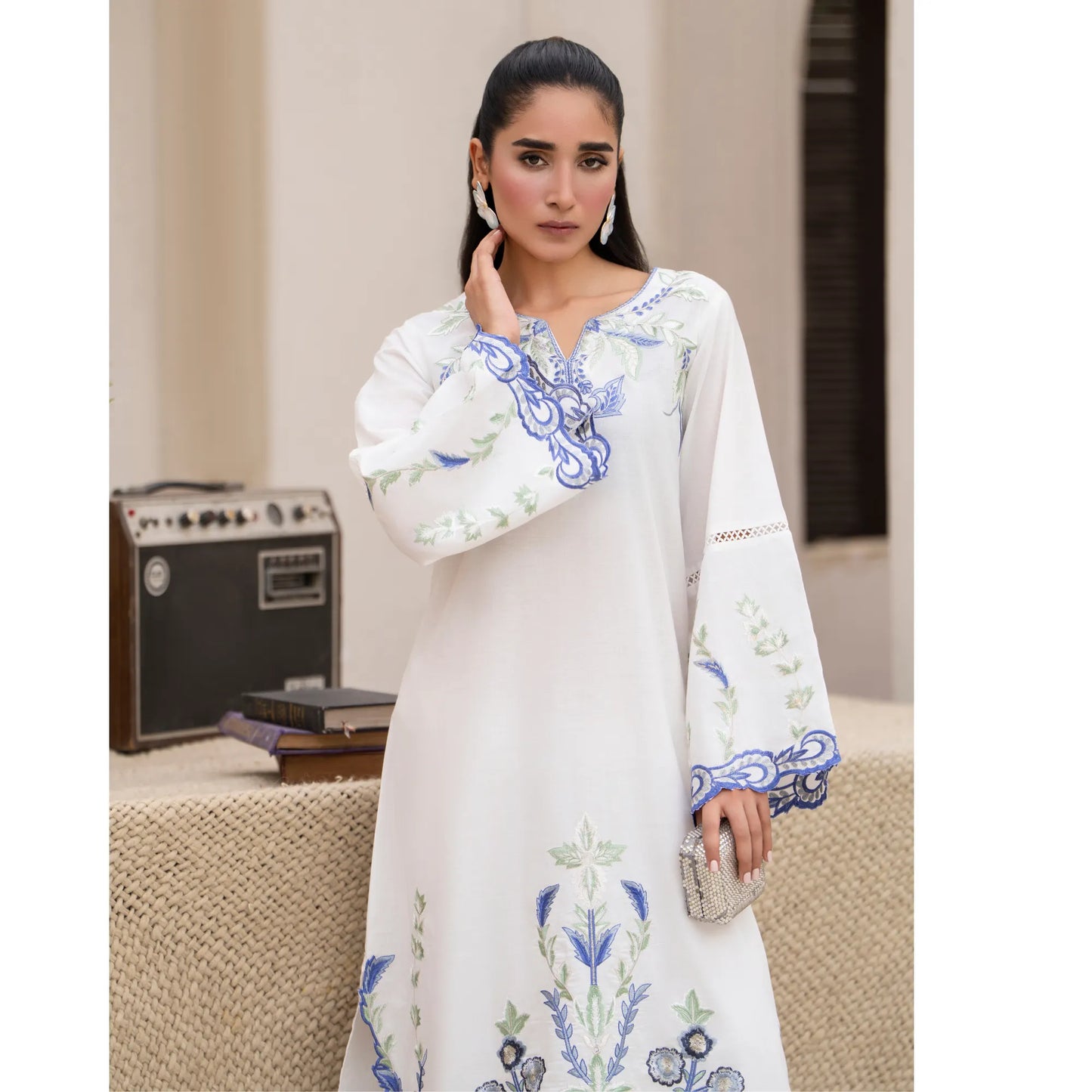 UA-247 Embroidered Cambric Cotton Kaftan Style Co-Ord Set Asian Wear | Umnaa