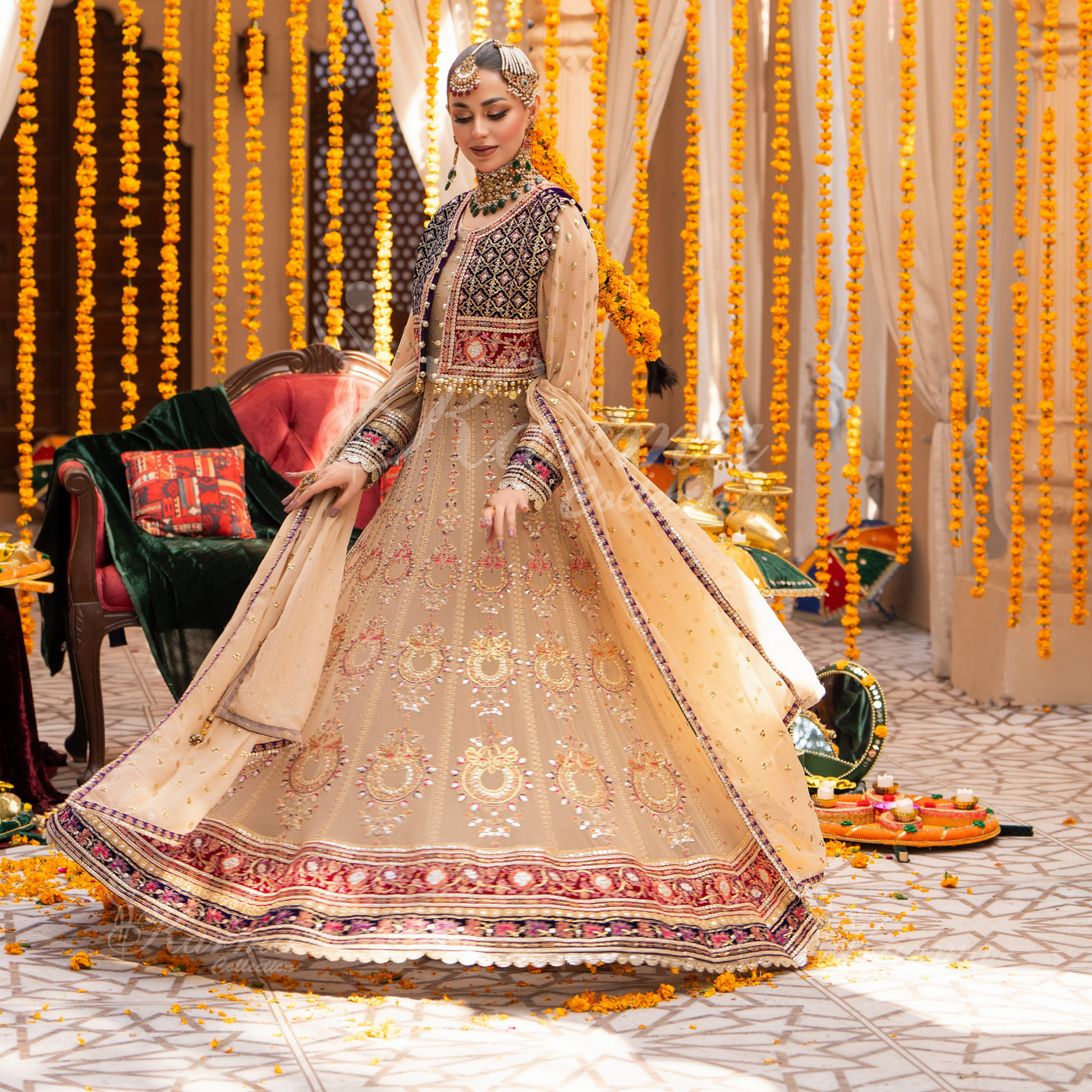 Luxury Embroidered  chiffon long Maxi with velvet jacket | Wedding Collection | karma Collection | UMKC01401