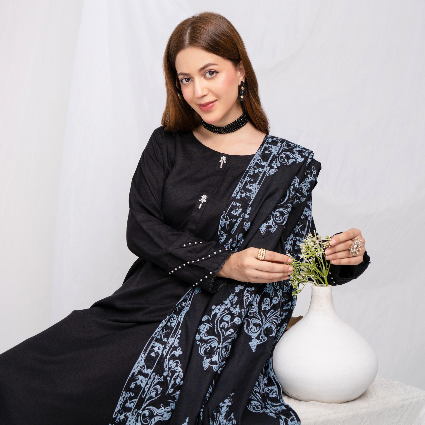(black) 3 Pc Dhanak Shirt & trouser with Dhanak Shawl | Winter Collection | SIMRANS
