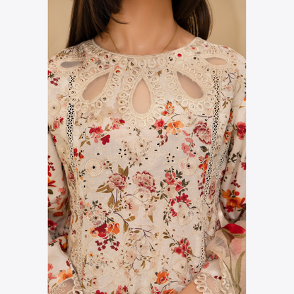 Multi floral Print Cotrai dhanak with pasmina wool shawl 3 Pc - Karma Collection | UMKC0601