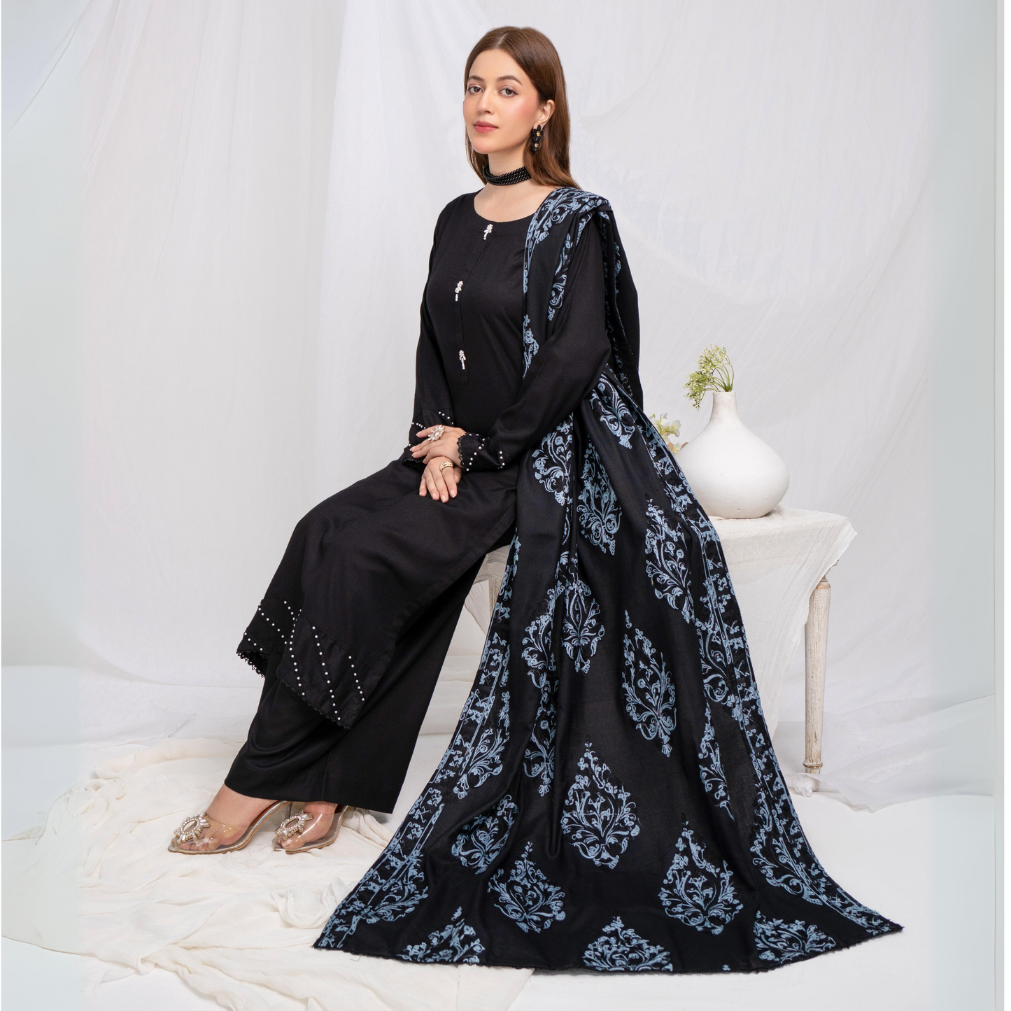 (black) 3 Pc Dhanak Shirt & trouser with Dhanak Shawl | Winter Collection | SIMRANS