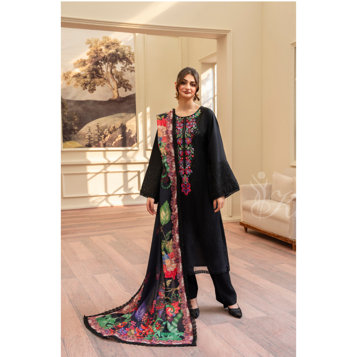 (BLACK) 3 Pc Ready to Wear Embroidered Printed Collection | Karma Collection | UMKC0808