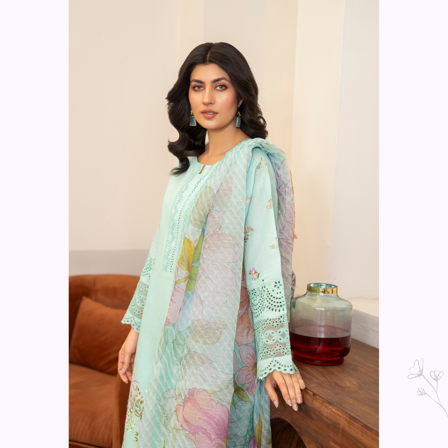 UKC-20 (Sea Green) Chikenkari Cambric Cotton Ready to Wear Eid Collection 3 Pc - Karma Collection