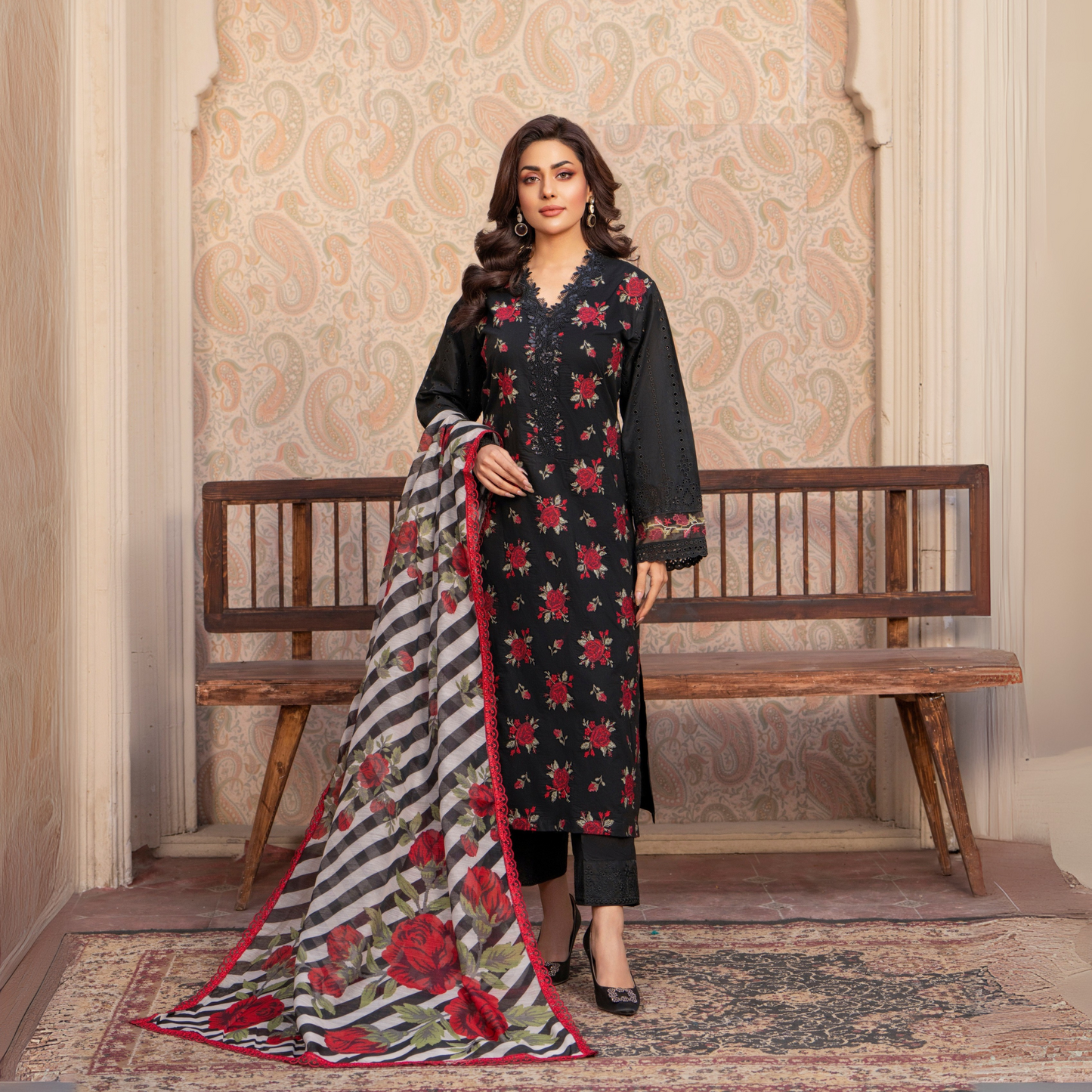 UKC-15 Chikenkari Cambric Cotton Ready to Wear Eid Collection 3 Pc - Karma Collection