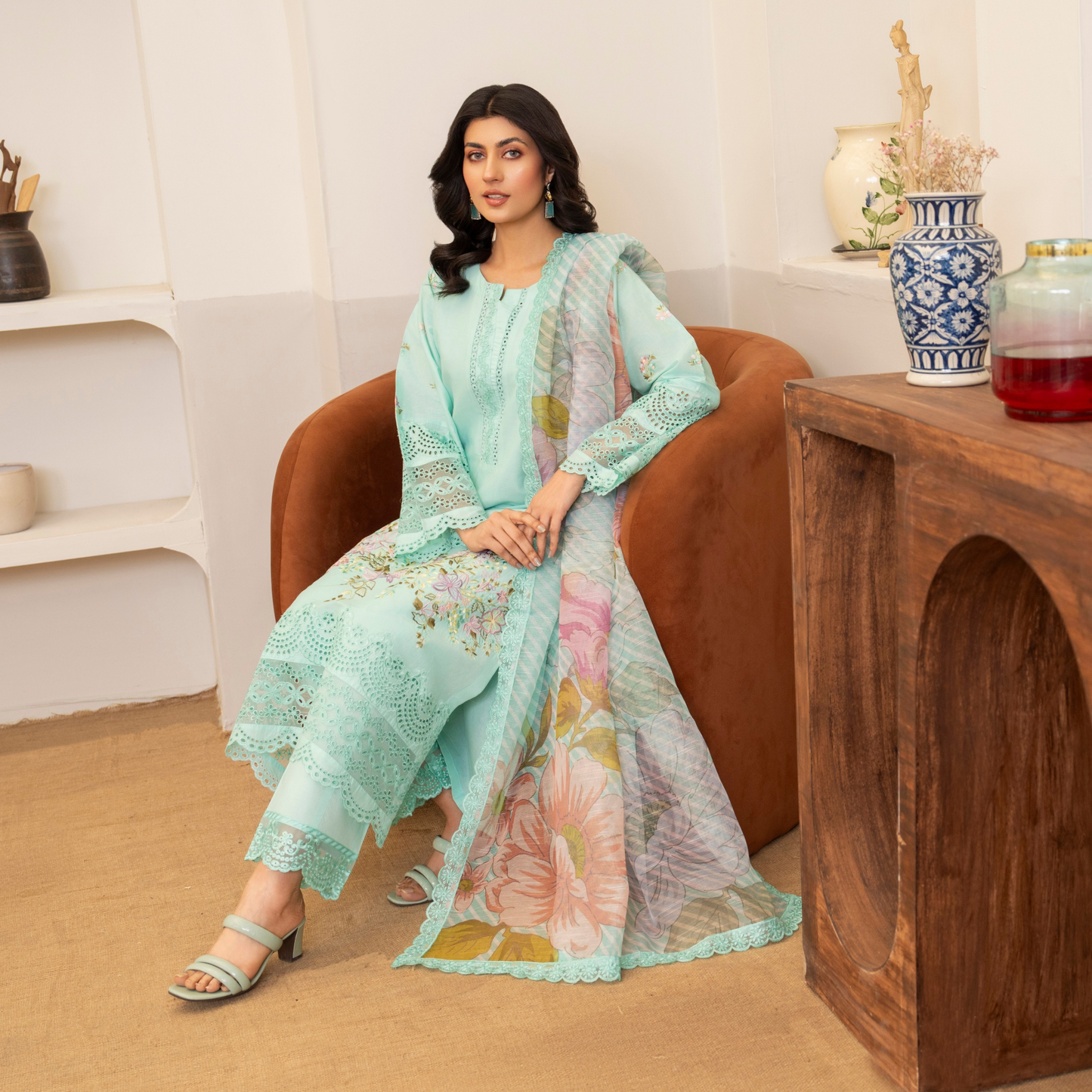 UKC-20 (Sea Green) Chikenkari Cambric Cotton Ready to Wear Eid Collection 3 Pc - Karma Collection
