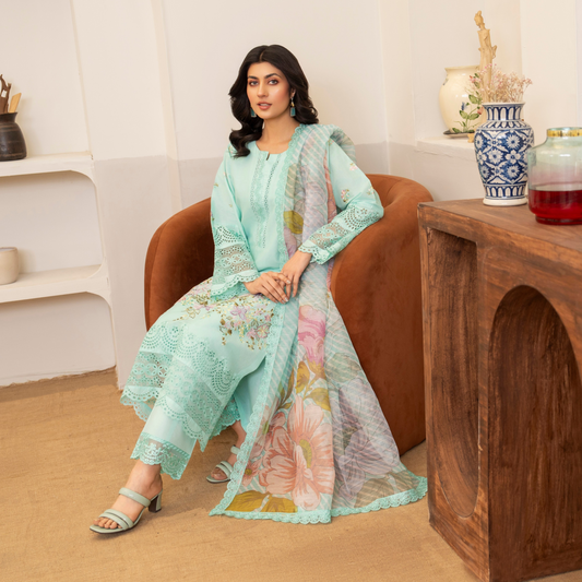 UKC-20 (Sea Green) Chikenkari Cambric Cotton Ready to Wear Eid Collection 3 Pc - Karma Collection