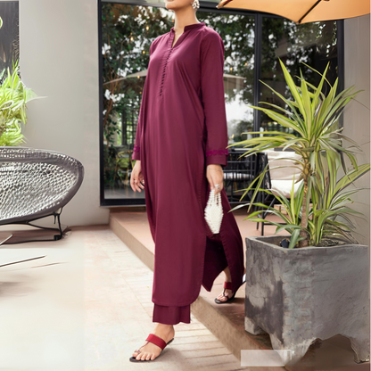 Wine Berry 2 Pc Linen Pakistani Co-Ords Set | Ready to Wear | Casuallite