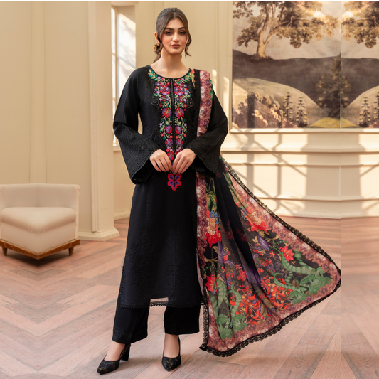 (BLACK) 3 Pc Ready to Wear Embroidered Printed Collection | Karma Collection | UMKC0808