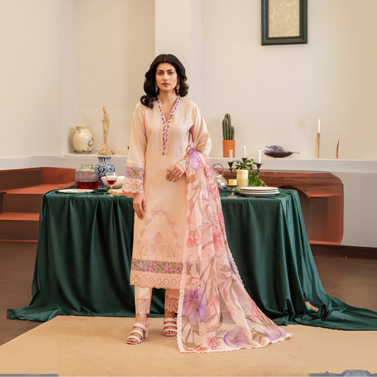 UKC-22 (Pale Peach) Chikenkari Cambric Cotton Ready to Wear Eid Collection 3 Pc - Karma Collection